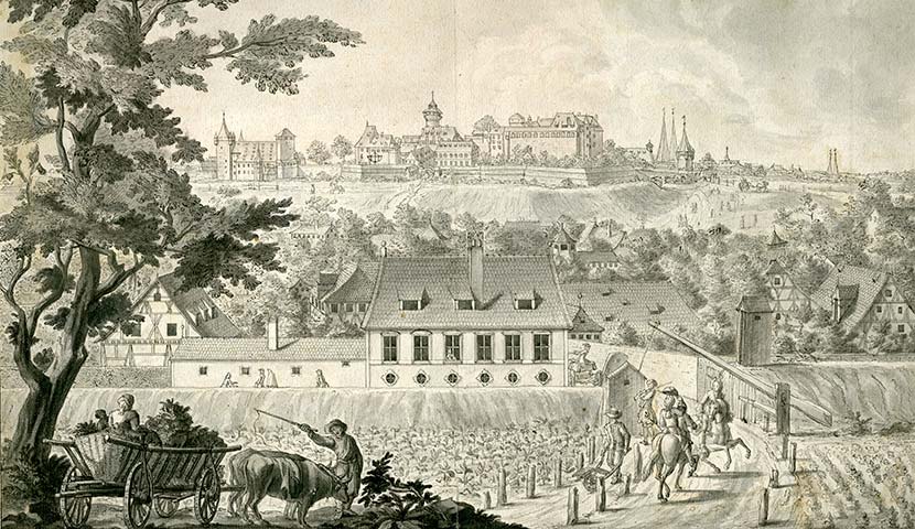 Johann Adam Delsenbach: Prospekt der Stadt Nürnberg und dem Schloss, wie solche von der Schanz an der Bucher Straßen zu sehen.